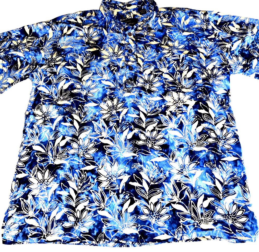 Pete Huntington Shirt Men's Large Blue Batik Leaf Print Cotton Short Sleeve Bali